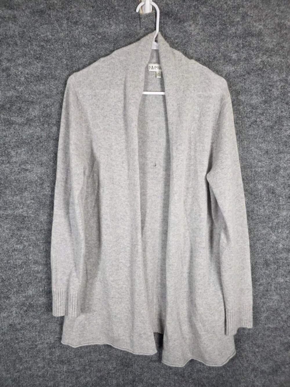 Neiman Marcus Sweater Womens Large Gray 100% Cashmere Open Front Cardigan Hole